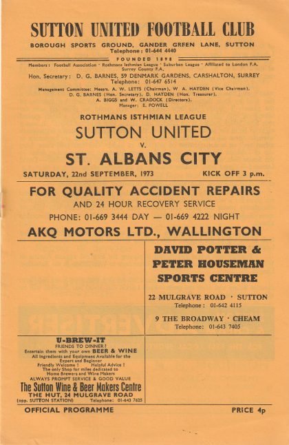Sutton United v St Albans City 22-Sep-1973