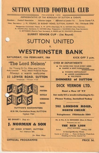 Sutton United v Westminster Bank 15-Feb-1964