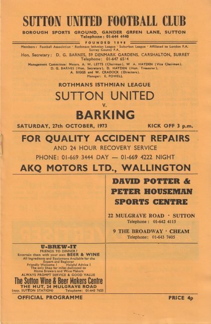 Sutton United v Barking 27-Oct-1973