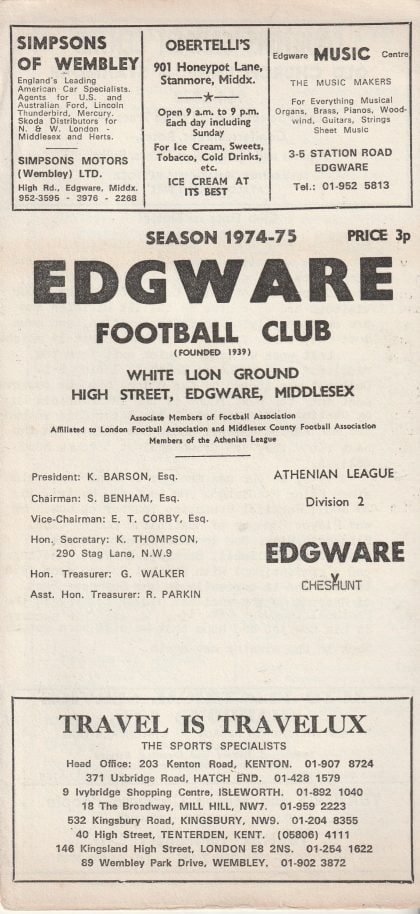 Edgware Town v Cheshunt  28-Dec-1974