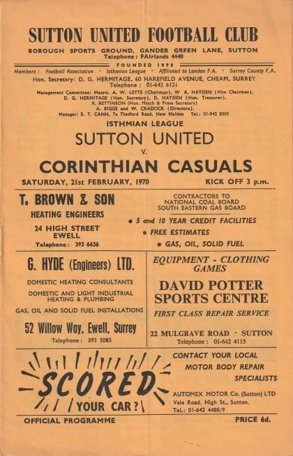 Sutton United v Corinthian Casuals 21-Feb-1970