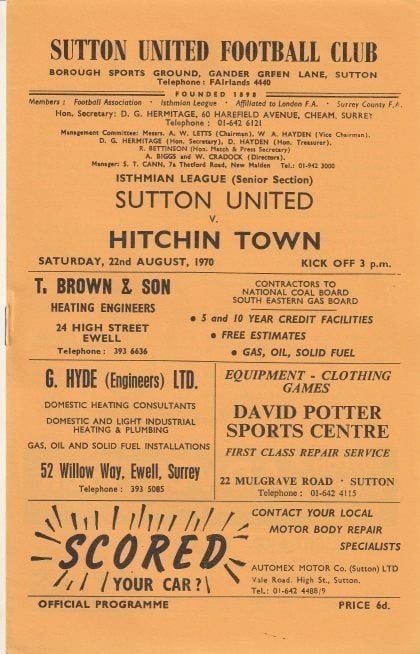 Sutton United v Hitchin Town 22-Aug-1970