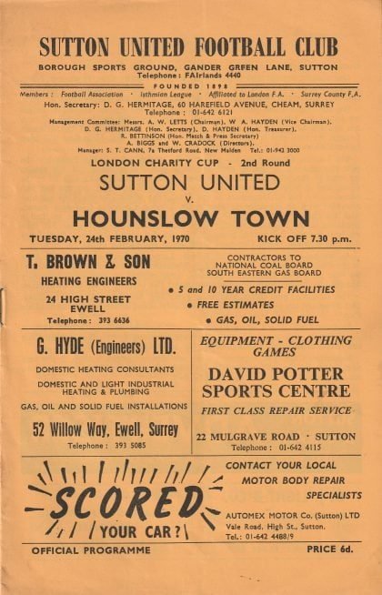 Sutton United v Hounslow Town 24-Feb-1970
