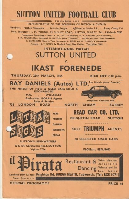 Sutton United v Ikast Forenede 25-Mar-1965