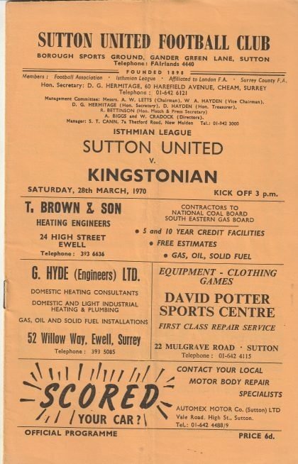 Sutton United v Kingstonian 28-Mar-1970