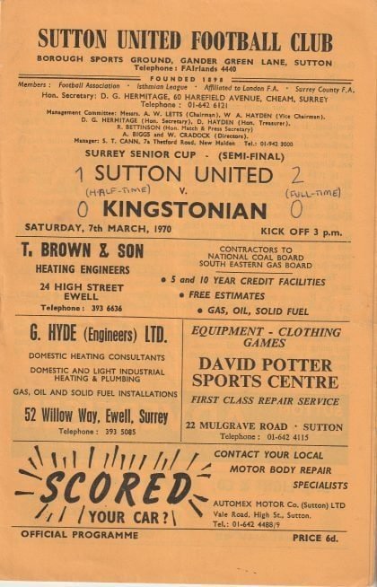 Sutton United v Kingstonian 07-Mar-1970