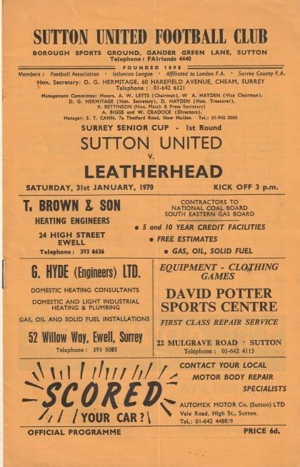 Sutton United v Leatherhead  31-Jan-1970