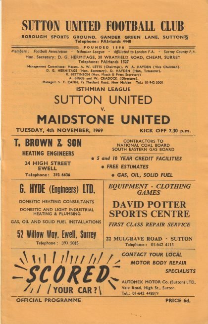 Sutton United v Maidstone United 04-Nov-1969