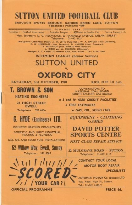 Sutton United v Oxford City 03-Oct-1970