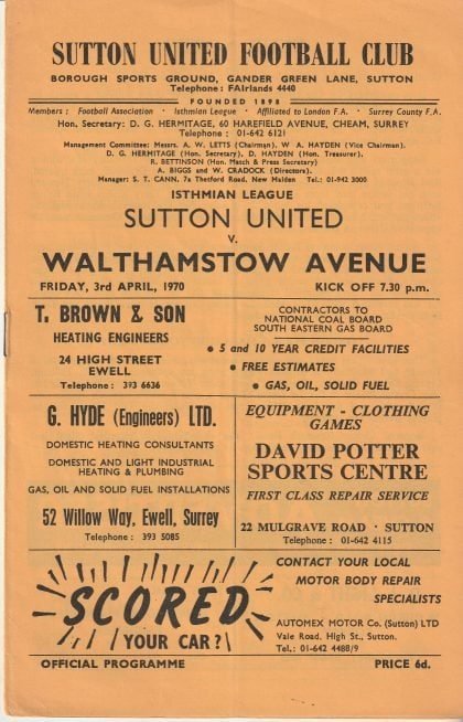 Sutton United v Walthamstow Avenue 03-Apr-1970