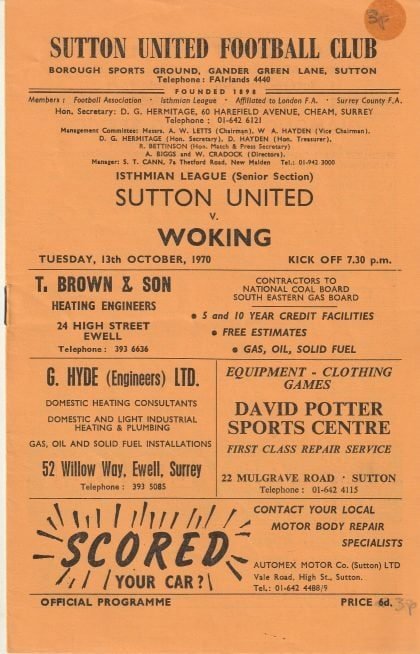 Sutton United v Woking 13-Oct-1970