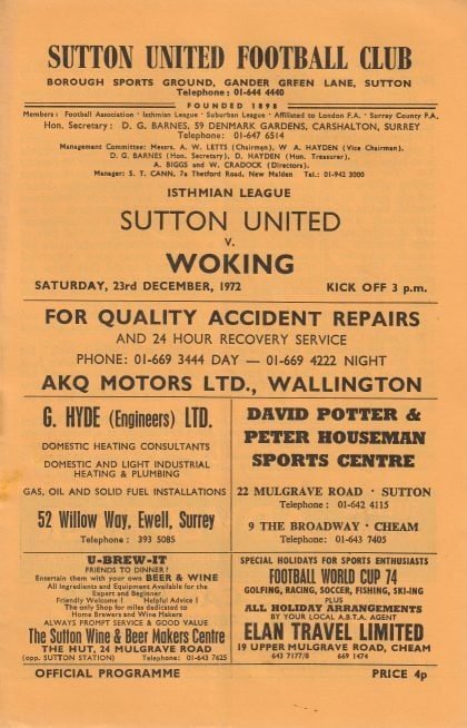 Sutton United v Woking 23-Dec-1972