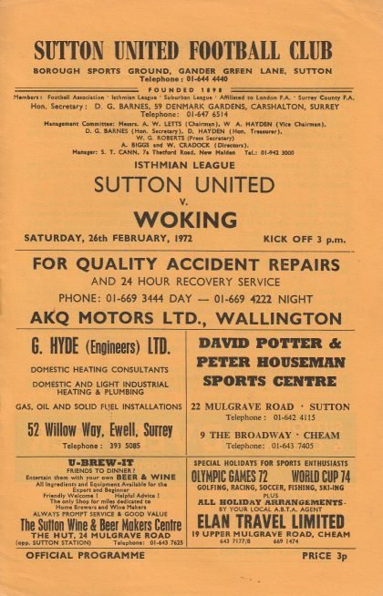 Sutton United v Woking 26-Feb-1972