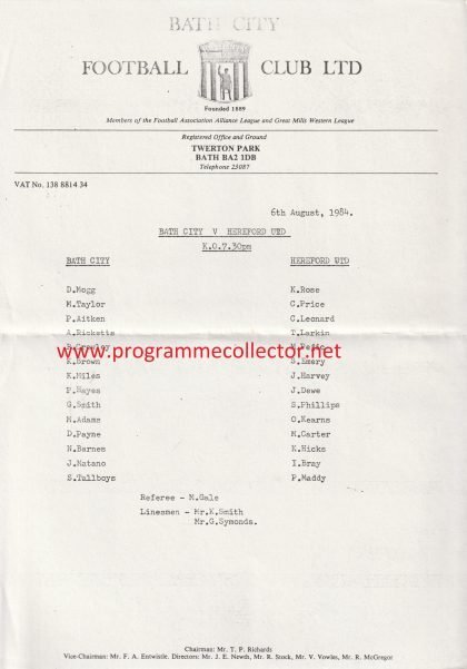 Bath City v Hereford United 06-Aug-1984