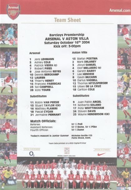 Arsenal v Aston Villa 16-Oct-2004