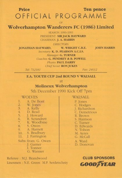 Wolverhampton Wanderers Youth v Walsall Youth  05-Dec-1990