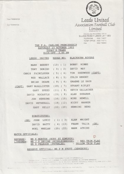 Blackburn Rovers v Leeds United 23-Oct-1993