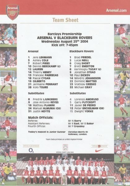 Arsenal v Blackburn Rovers 25-Aug-2004