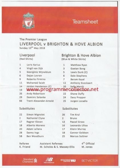 Liverpool v Brighton & Hove Albion 13-May-2018