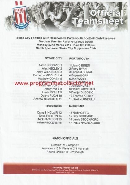 Stoke City Reserves v Portsmouth Reserves 23-Mar-2010