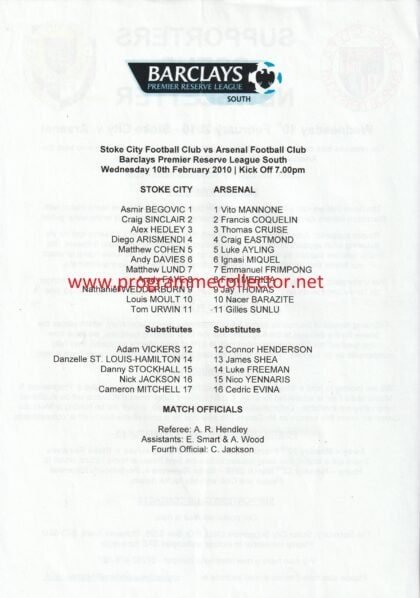 Stoke City Reserves v Arsenal Reserves 10-Feb-2010