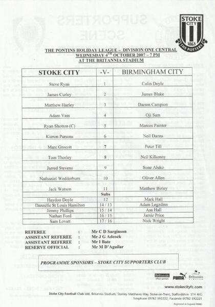 Stoke City Reserves v Birmingham City Reserves  04-Oct-2007