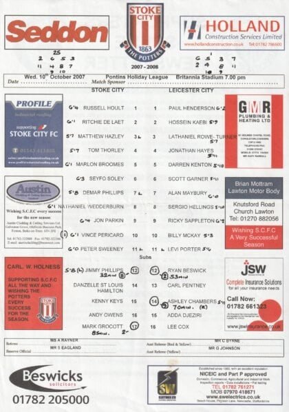 Stoke City Reserves v Leicester City Reserves  10-Oct-2007