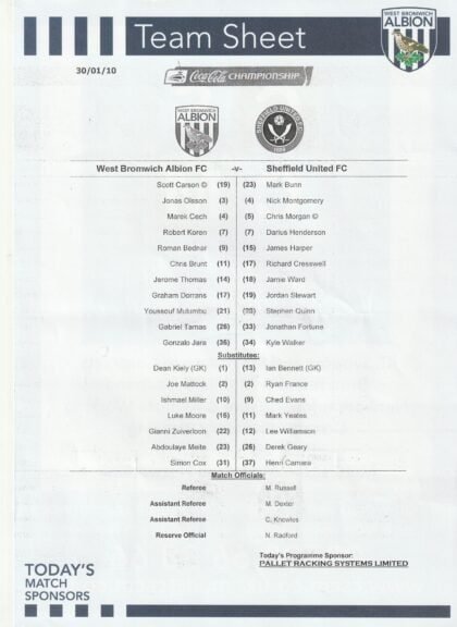 West Bromwich Albion v Sheffield United 30-Jan-2010