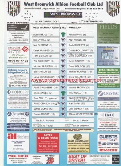 West Bromwich Albion v Wimbledon 22-Sep-2001