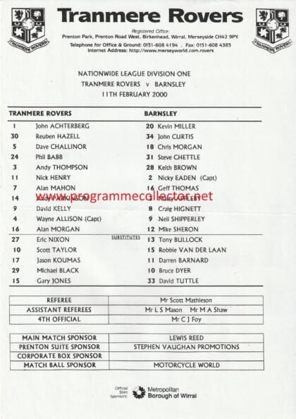 Tranmere Rovers v Barnsley 11-Feb-2000