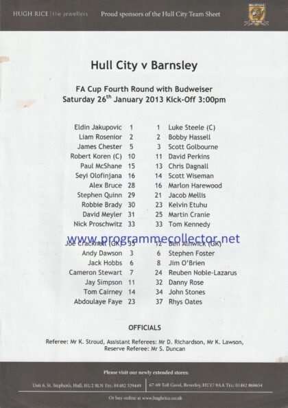 Hull City v Barnsley  26-Jan-2013