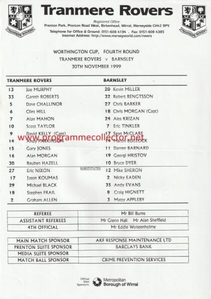 Tranmere Rovers v Barnsley 30-Nov-1999