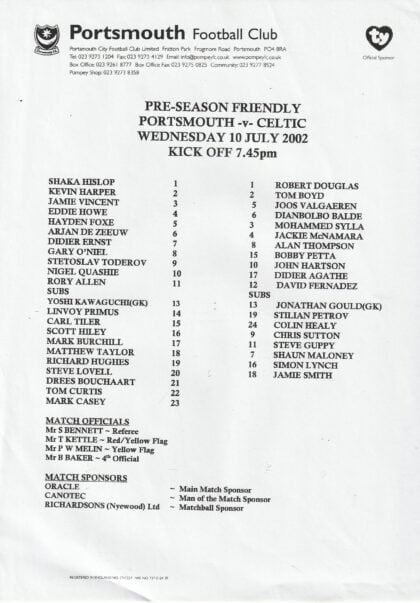 Portsmouth v Glasgow Celtic 10-Jul-2002