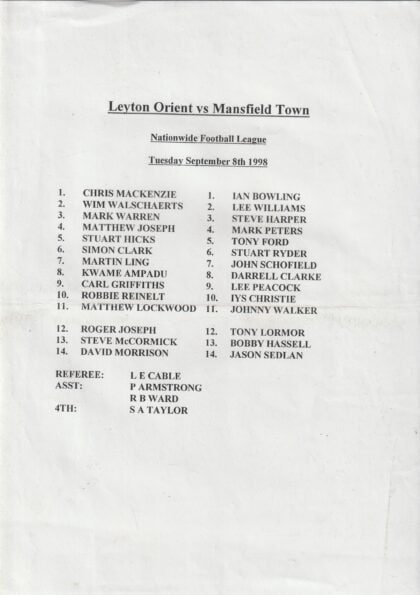 Leyton Orient v Mansfield Town 08-Sep-1998