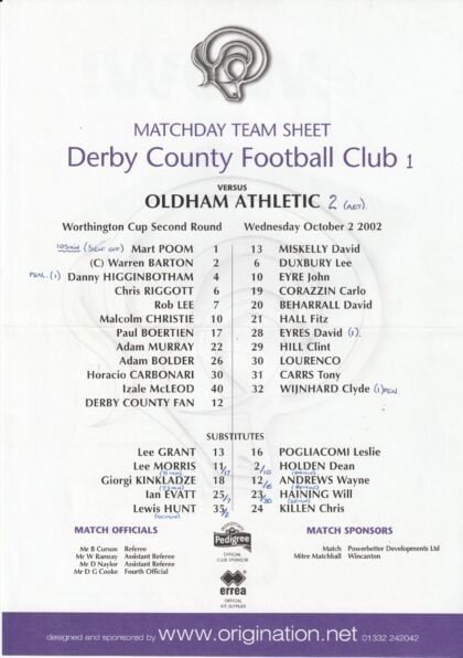 Derby County v Oldham Athletic 02-Oct-2002