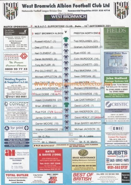 West Bromwich Albion v Preston North End  18-Sep-2001