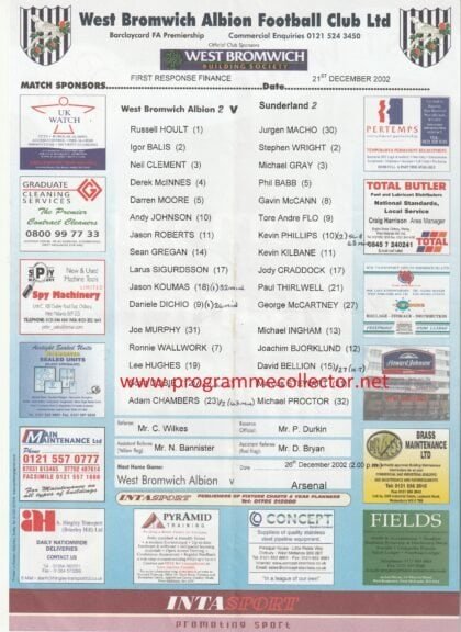 West Bromwich Albion v Sunderland 21-Dec-2002