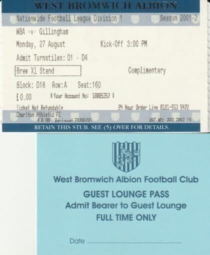 West Bromwich Albion v Gillingham 27-Aug-2001