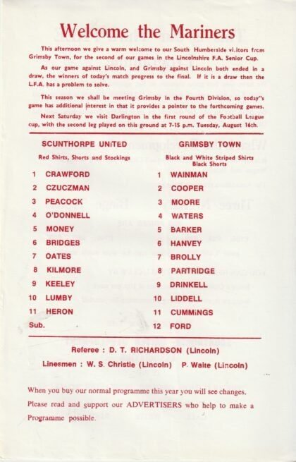 Scunthorpe United v Grimsby Town 06-Aug-1977