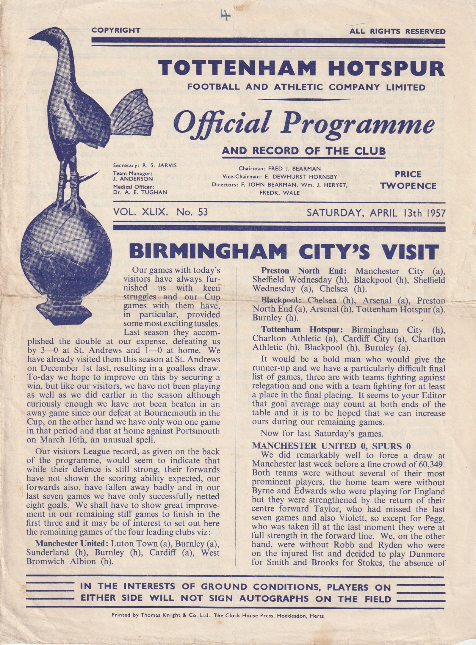 Tottenham Hotspur v Birmingham City 13-Apr-1957